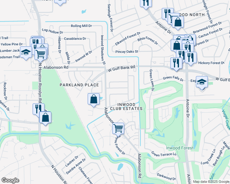 map of restaurants, bars, coffee shops, grocery stores, and more near 6302 Woodland Forest Drive in Houston