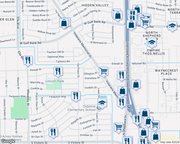 map of restaurants, bars, coffee shops, grocery stores, and more near 811 Ellington Street in Houston