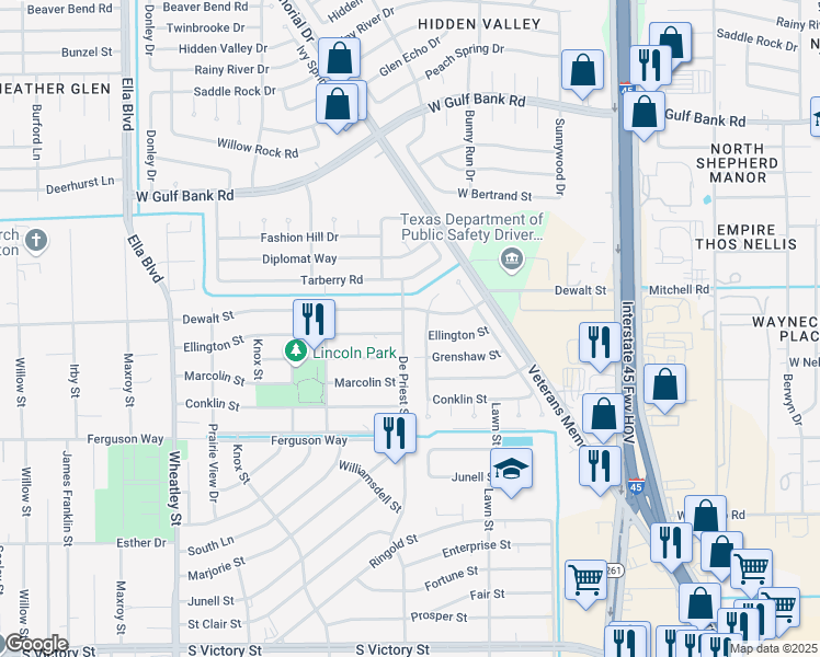 map of restaurants, bars, coffee shops, grocery stores, and more near 8902 De Priest Street in Houston