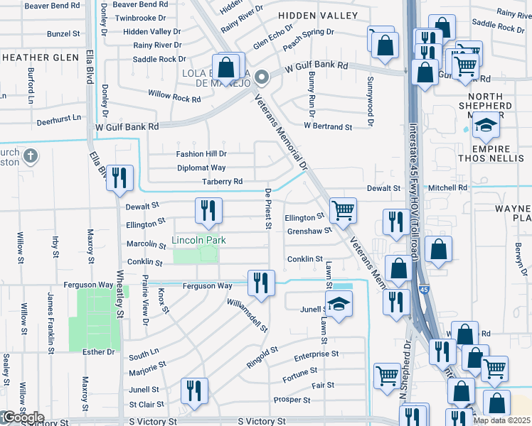 map of restaurants, bars, coffee shops, grocery stores, and more near 832 Ellington Street in Houston
