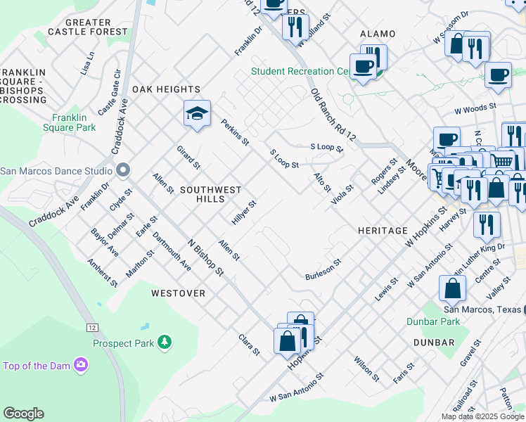 map of restaurants, bars, coffee shops, grocery stores, and more near 898 Advance Street in San Marcos