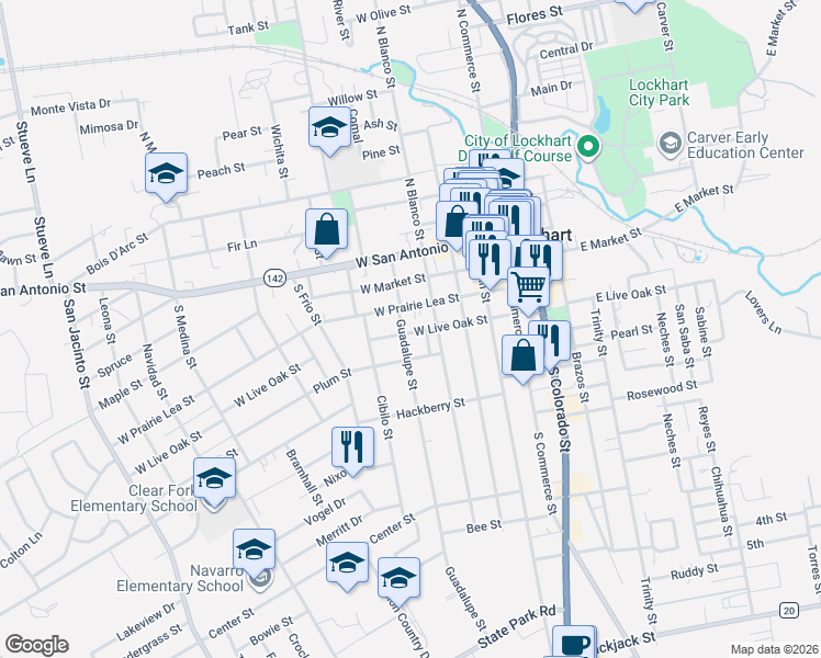 map of restaurants, bars, coffee shops, grocery stores, and more near 313 Guadalupe Street in Lockhart