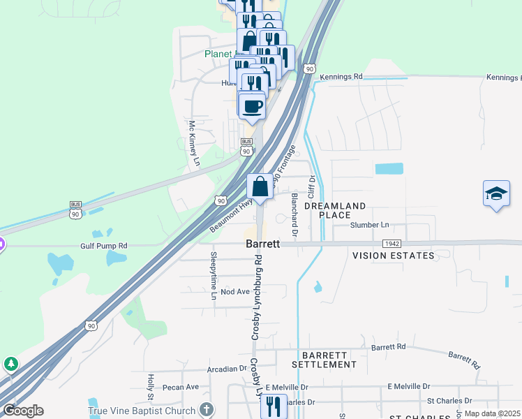 map of restaurants, bars, coffee shops, grocery stores, and more near 14405 Crosby Lynchburg Road in Crosby