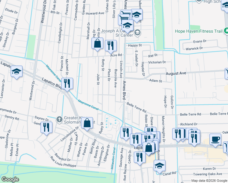 map of restaurants, bars, coffee shops, grocery stores, and more near 1752 Buccola Avenue in Marrero