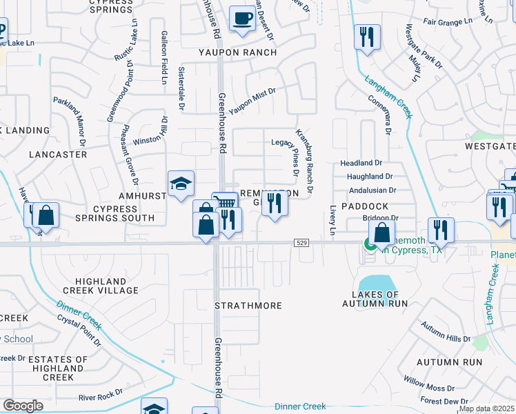 map of restaurants, bars, coffee shops, grocery stores, and more near 19123 Saddleville Mills Lane in Cypress