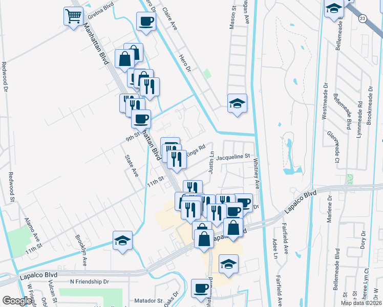 map of restaurants, bars, coffee shops, grocery stores, and more near 1539 Kings Road in Harvey