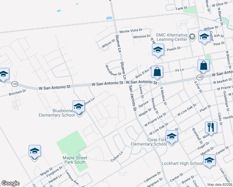 map of restaurants, bars, coffee shops, grocery stores, and more near 1301 Dove Lane in Lockhart