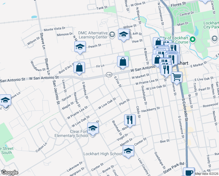 map of restaurants, bars, coffee shops, grocery stores, and more near 711 West Prairie Lea Street in Lockhart