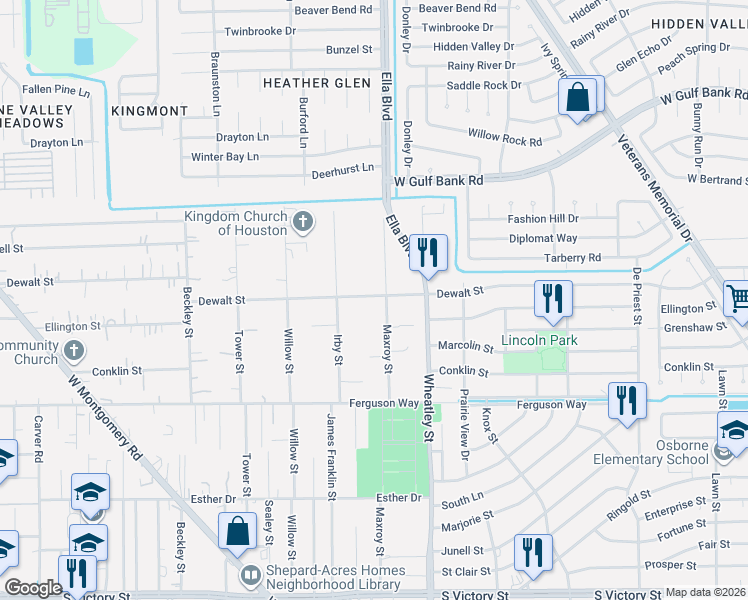 map of restaurants, bars, coffee shops, grocery stores, and more near 9514 Maxroy Street in Houston
