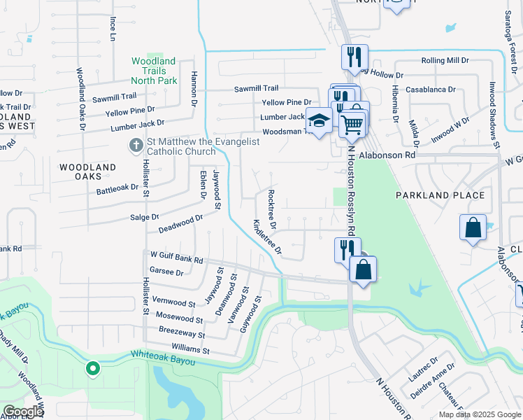 map of restaurants, bars, coffee shops, grocery stores, and more near 9715 Kindletree Drive in Houston