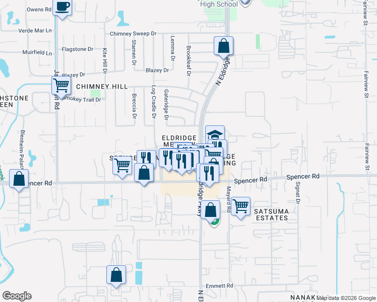 map of restaurants, bars, coffee shops, grocery stores, and more near 7110 Eldridge Chase Court in Houston