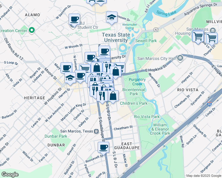 map of restaurants, bars, coffee shops, grocery stores, and more near 141 South L B J Drive in San Marcos