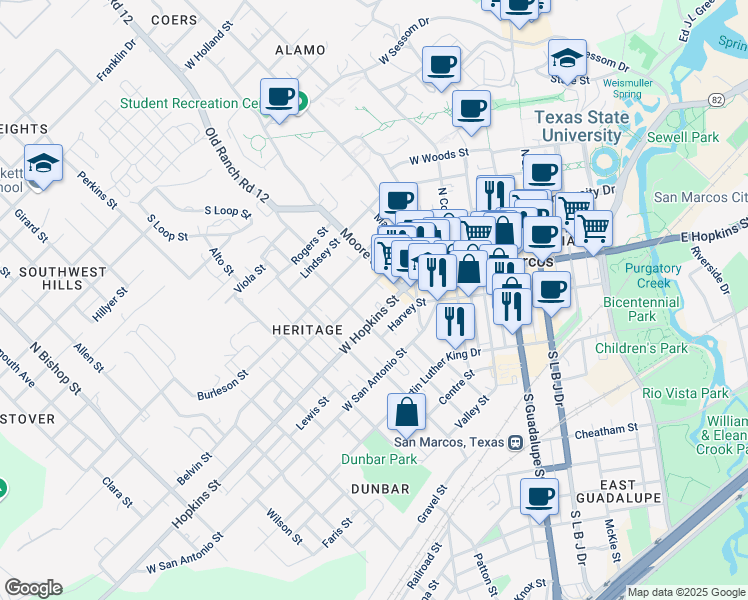 map of restaurants, bars, coffee shops, grocery stores, and more near 530 West Hopkins Street in San Marcos