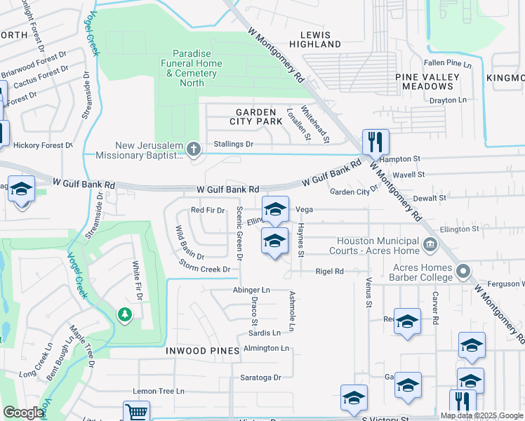 map of restaurants, bars, coffee shops, grocery stores, and more near 3407 Vega in Houston