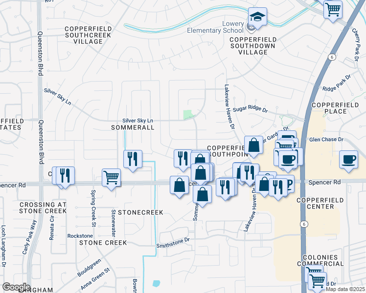 map of restaurants, bars, coffee shops, grocery stores, and more near 16339 Summer Dawn Lane in Houston