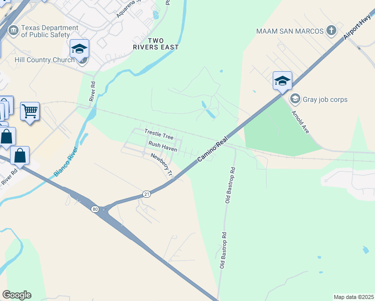map of restaurants, bars, coffee shops, grocery stores, and more near 132 Rush Haven in San Marcos