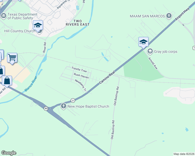 map of restaurants, bars, coffee shops, grocery stores, and more near 2100 Texas 21 in San Marcos