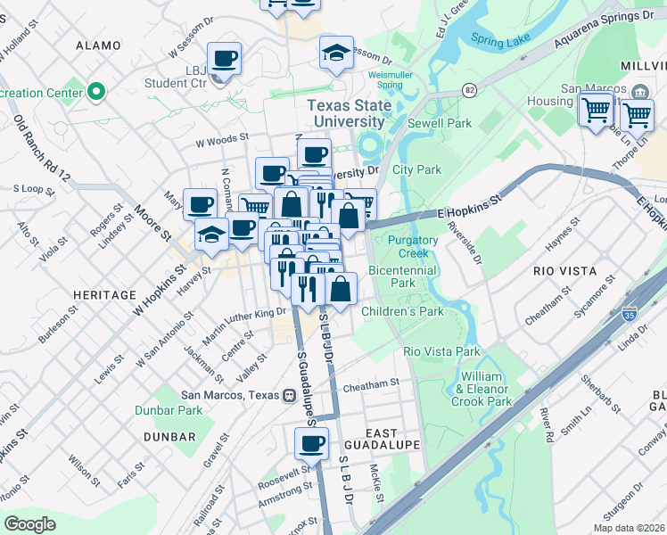 map of restaurants, bars, coffee shops, grocery stores, and more near 214 East San Antonio Street in San Marcos