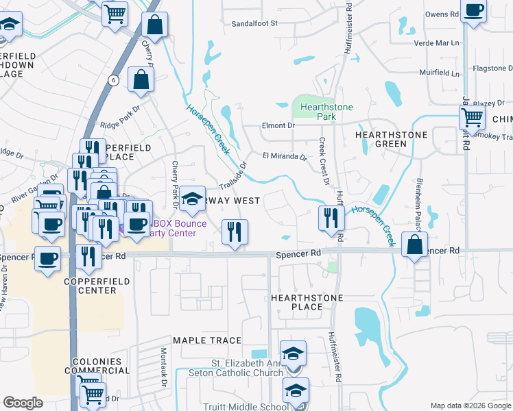 map of restaurants, bars, coffee shops, grocery stores, and more near 7223 Quail Field Drive in Houston