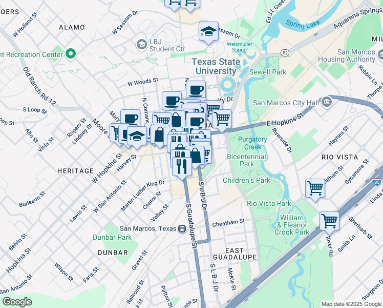 map of restaurants, bars, coffee shops, grocery stores, and more near 135 South Guadalupe Street in San Marcos