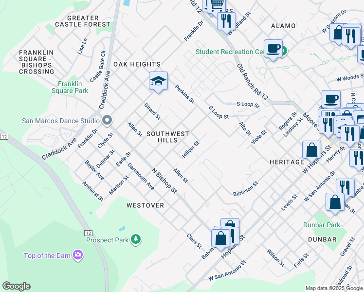 map of restaurants, bars, coffee shops, grocery stores, and more near 1000 Hillyer Street in San Marcos