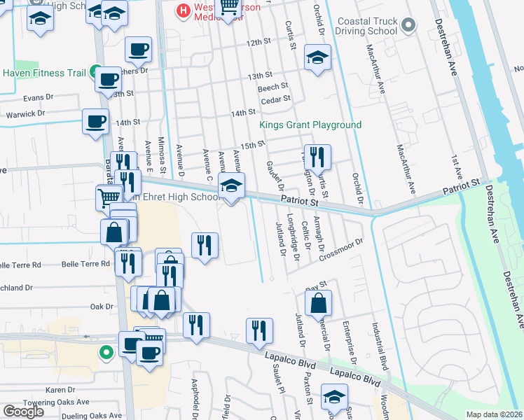 map of restaurants, bars, coffee shops, grocery stores, and more near 1612 Nottingham Dr in Harvey