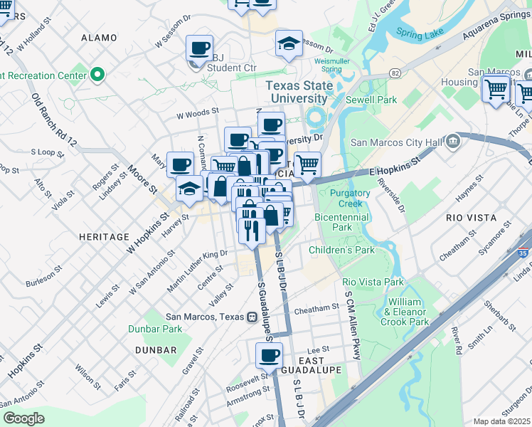 map of restaurants, bars, coffee shops, grocery stores, and more near 135 South Guadalupe Street in San Marcos