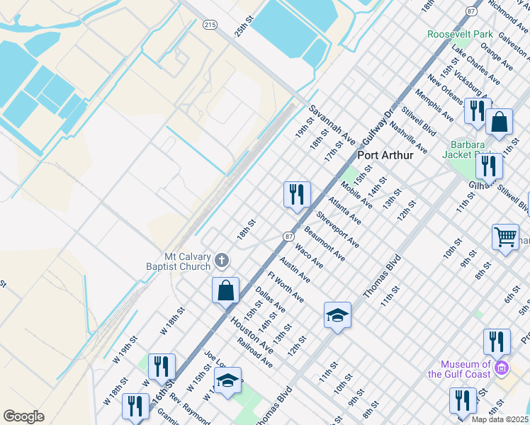map of restaurants, bars, coffee shops, grocery stores, and more near 610 18th Street in Port Arthur