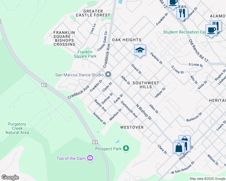 map of restaurants, bars, coffee shops, grocery stores, and more near 1300 Dartmouth Avenue in San Marcos