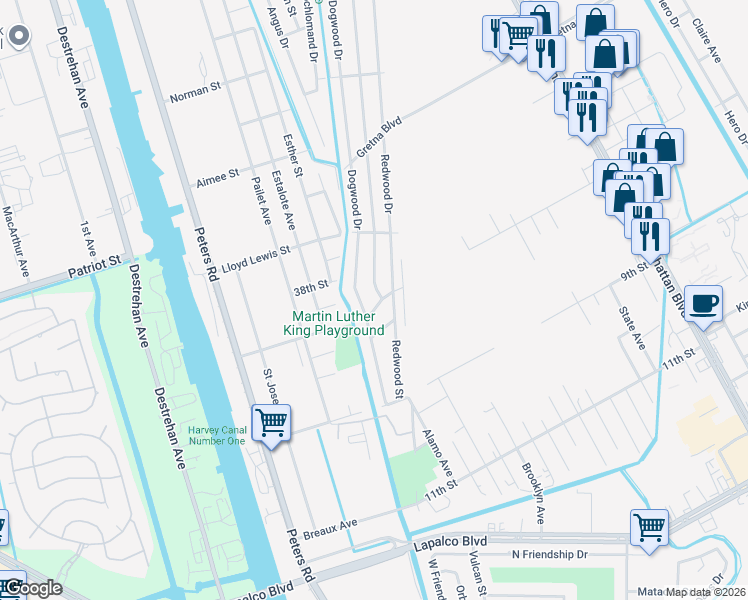map of restaurants, bars, coffee shops, grocery stores, and more near 1664 7th Street in Harvey