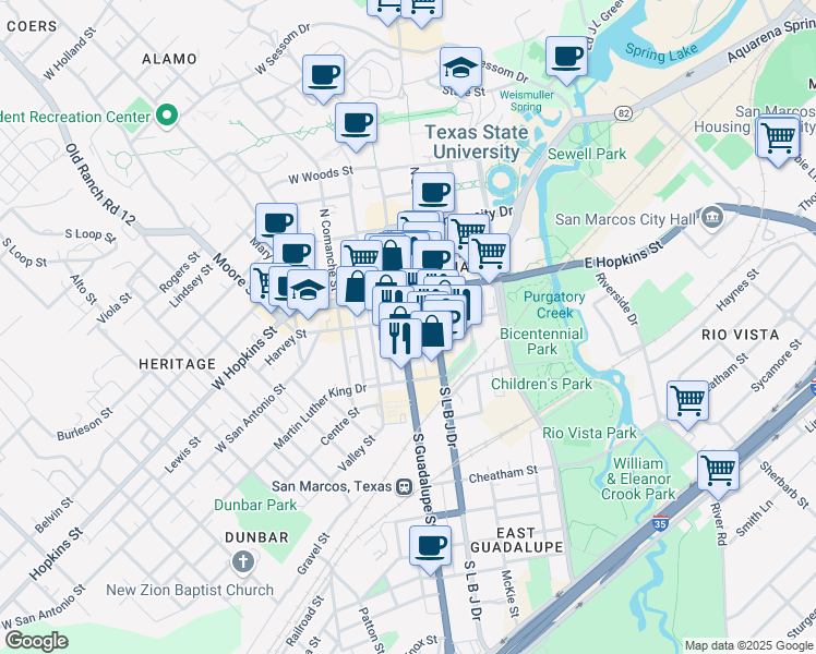 map of restaurants, bars, coffee shops, grocery stores, and more near 135 South Guadalupe Street in San Marcos