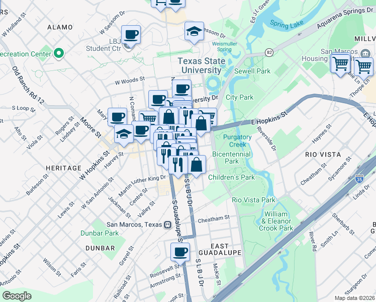 map of restaurants, bars, coffee shops, grocery stores, and more near 141 South L B J Drive in San Marcos