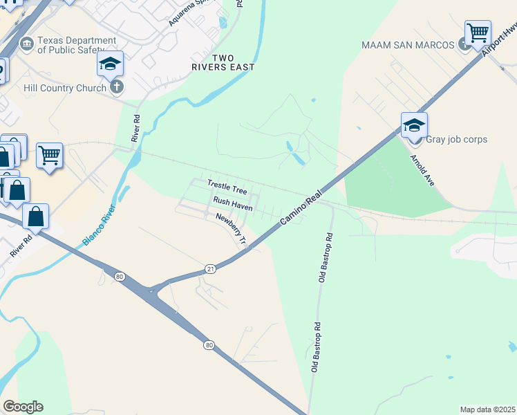 map of restaurants, bars, coffee shops, grocery stores, and more near 148 Rush Haven in San Marcos