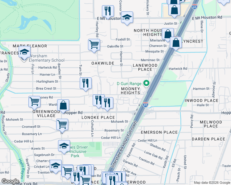 map of restaurants, bars, coffee shops, grocery stores, and more near 4338 Mooney Road in Houston