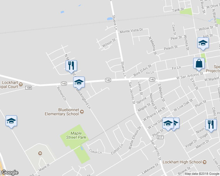 map of restaurants, bars, coffee shops, grocery stores, and more near 1301 Dove Lane in Lockhart