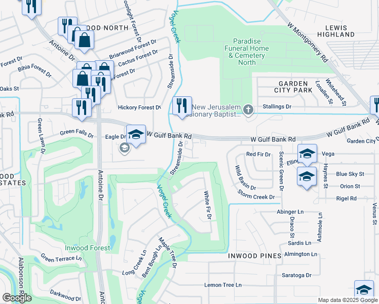 map of restaurants, bars, coffee shops, grocery stores, and more near 5335 West Gulf Bank Road in Houston