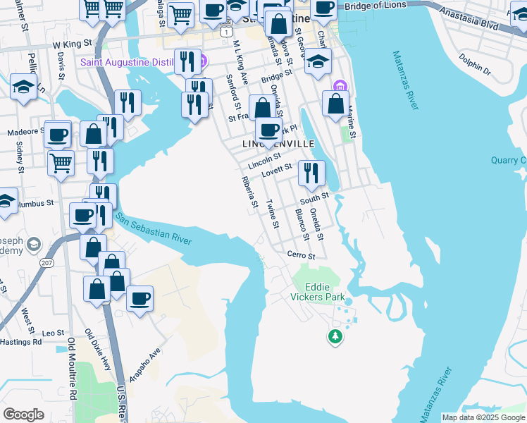 map of restaurants, bars, coffee shops, grocery stores, and more near 256 Riberia Street in St. Augustine
