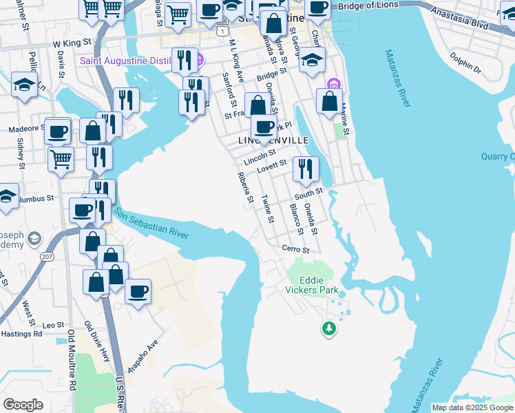 map of restaurants, bars, coffee shops, grocery stores, and more near 256 Riberia Street in St. Augustine
