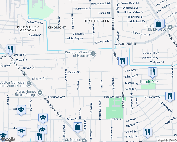 map of restaurants, bars, coffee shops, grocery stores, and more near 9515 Willow Street in Houston