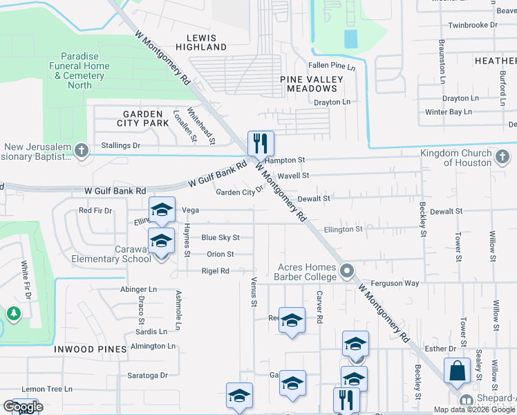 map of restaurants, bars, coffee shops, grocery stores, and more near 2807 Vega Street in Houston