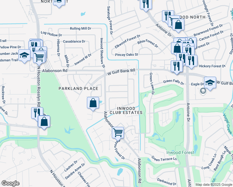 map of restaurants, bars, coffee shops, grocery stores, and more near 6302 Woodland Forest Drive in Houston