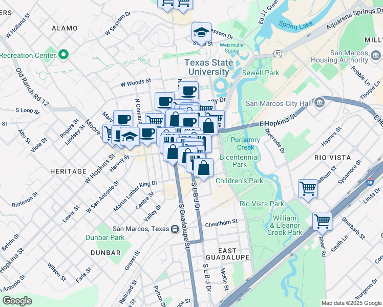 map of restaurants, bars, coffee shops, grocery stores, and more near 141 South L B J Drive in San Marcos