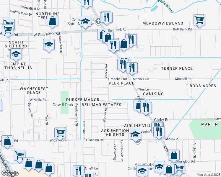 map of restaurants, bars, coffee shops, grocery stores, and more near 8406 Werner Street in Houston