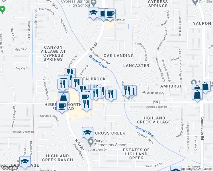 map of restaurants, bars, coffee shops, grocery stores, and more near 20146 Pioneer Ridge Drive in Cypress