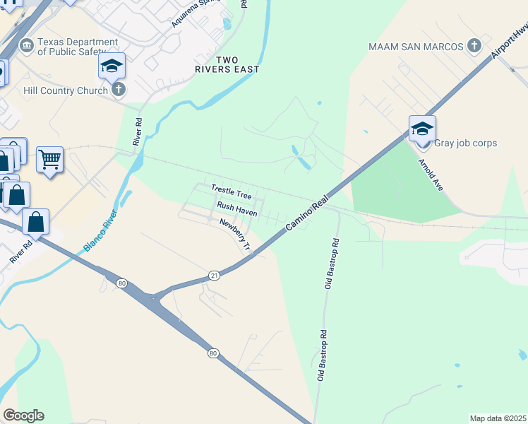 map of restaurants, bars, coffee shops, grocery stores, and more near 131 Rush Haven in San Marcos