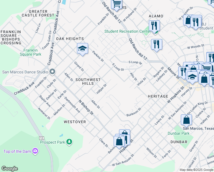 map of restaurants, bars, coffee shops, grocery stores, and more near 898 Advance Street in San Marcos