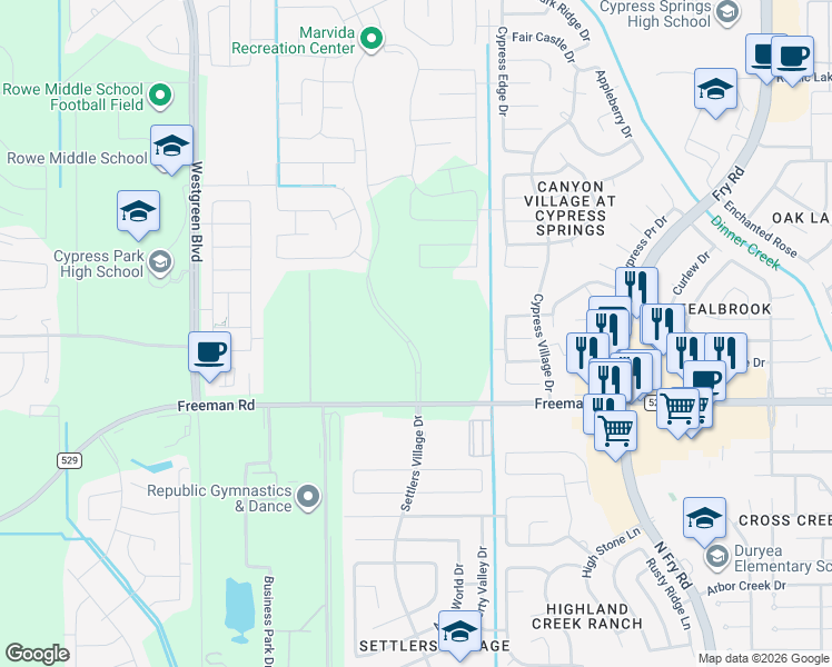 map of restaurants, bars, coffee shops, grocery stores, and more near 7103 Parkford Meadow Drive in Cypress
