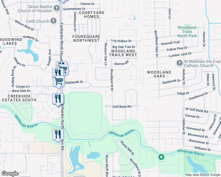 map of restaurants, bars, coffee shops, grocery stores, and more near 7447 Woodland West Drive in Houston