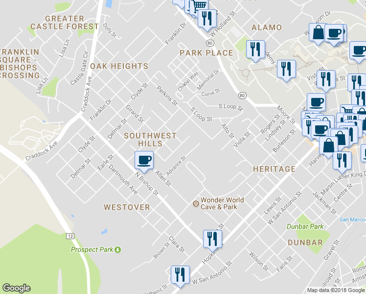 map of restaurants, bars, coffee shops, grocery stores, and more near 901 Hillyer Street in San Marcos