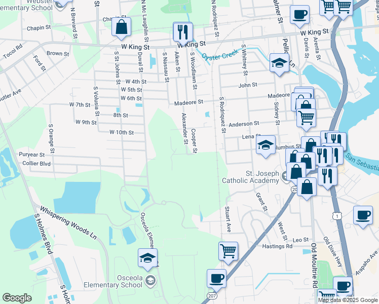map of restaurants, bars, coffee shops, grocery stores, and more near 984 Alexander Street in St. Augustine